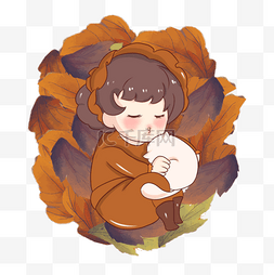 秋分落叶堆里可爱小女孩