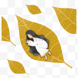 简约手绘睡在树叶上的女孩插画海