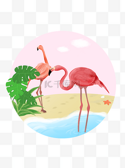 粉色手绘火烈鸟图片_商用梦幻热带生物鸟类植物海滩一