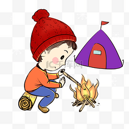 冬天野外烤火的小男孩
