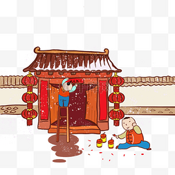 灯笼对联图片_新年红色手绘插画挂灯笼放鞭炮玩