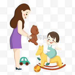 手绘母婴插画图片_手绘骑木马的孩子插画