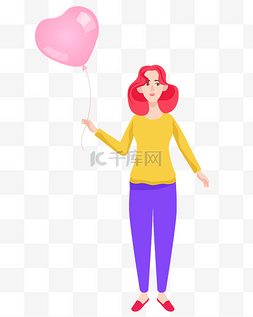 粉色头发少女图片_矢量手绘女士爱心气球