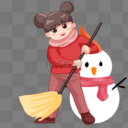 春节扫雪的小女孩和雪人