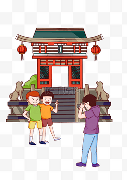 旅游人物建筑图片_手绘日本旅游拍照插画