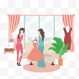 窗户沙发图片_卡通插画风看衣服的女人