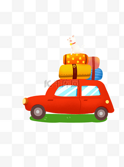 开红色小汽车带行李和猫去旅行