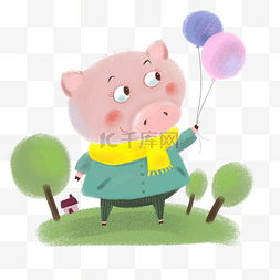 可爱卡通手绘小猪拉着气球踏青
