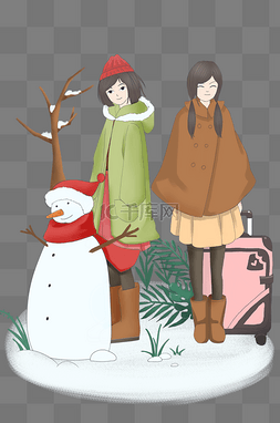 褐色行李箱图片_冬季旅游小女孩和雪人