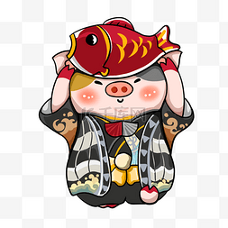 猪年头顶红鲤鱼的可爱小猪