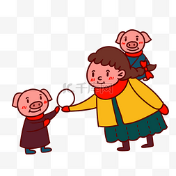 新年快乐可爱小猪图片_手绘矢量卡通猪年新年小猪和小女
