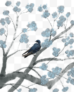 黑色和灰色图片_手绘大树和鸟插画