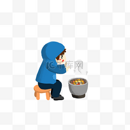 烤火炉取暖的小男孩卡通