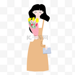 女孩拿着鲜花免抠图