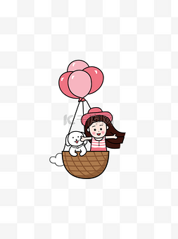 卡通可爱小狗女孩图片_Q版卡通可爱乘坐热气球的女孩和