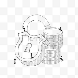 手绘黑白线条插画图片_金融锁火柴人金钱币商务线条插画