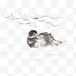 湖面上的鸟水墨画PNG免抠素材