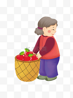 老奶奶开心图片_手绘卡通开心看着丰收一筐大红苹