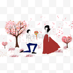 唯美手绘人物插画图片_七夕情人节手绘情侣求婚唯美场景