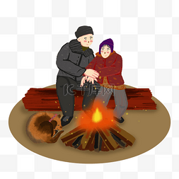 篝火手绘图片_篝火取暖的夫妻和小狗插画