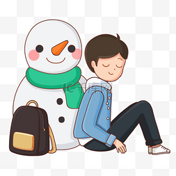 创意雪人插画图片_手绘靠着雪人的男孩插画