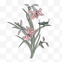 粉色花束手绘图片_手绘花与蚱蜢免抠素材