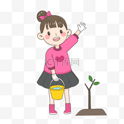 浇灌植物图片_植树提水浇灌的女孩PNG