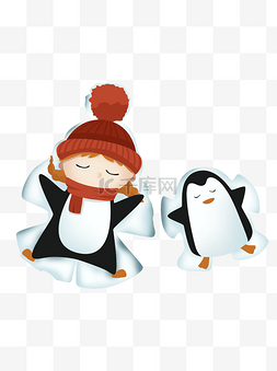 手绘摊在雪上的男孩和企鹅设计
