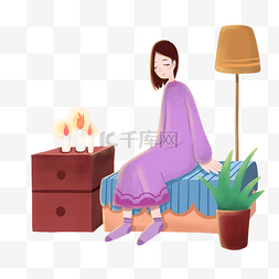 穿着紫色睡衣的女孩插画