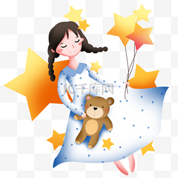 睡觉的小熊图片_抱着小熊睡觉的女孩插画