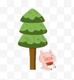 吃西瓜的猪猪图片_树木乘凉小猪
