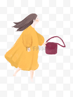 手绘卡通拎手袋迎风快步走的黄裙