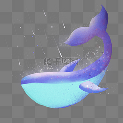 插画海洋生物图片_梦幻蓝色鲸鱼和流星雨手绘插画