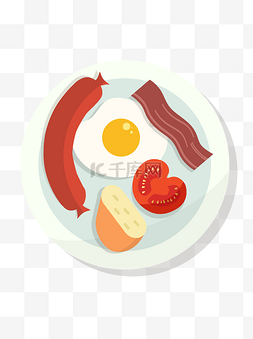 卡通营养早餐图片_手绘卡通一盘火腿煎蛋面包番茄培