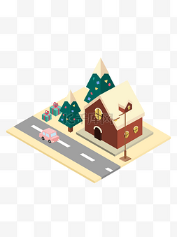 圣诞房屋元素图片_2.5D下雪圣诞房屋圣诞树