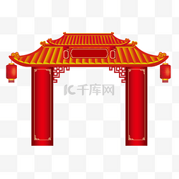 中国红灯笼手绘图片_中国风红门头插画