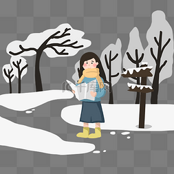 小女孩看书插画图片_冬季看书的小女孩