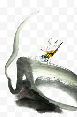 栖息荷叶的蜻蜓水墨画PNG免抠素材