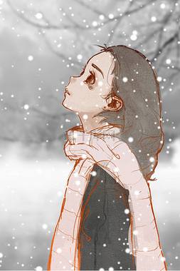雪寒冬图片_纯手绘雪景中的文艺女生