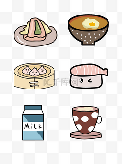 包咖啡图片_矢量早餐奶小笼包寿司早餐卡通可