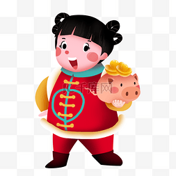 红色衣服的小女孩图片_新年手拿元宝的小女孩