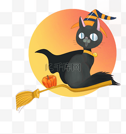 猫的铃铛图片_万圣节卡通手绘坐着扫把的可爱猫