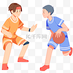 卡通手绘男孩和朋友开心打篮球
