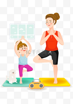 瑜伽运动插画图片_母女练瑜伽矢量插画