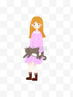 手绘卡通女孩抱着猫咪元素