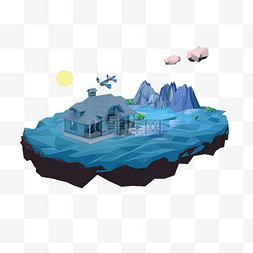 淡蓝色悬空岛上的小屋子