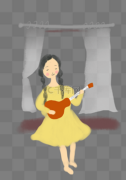 窗台弹吉他的女孩PNG素材