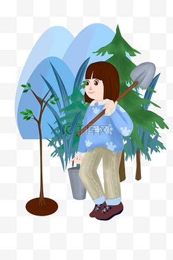 植树节准备种树的小女孩插画