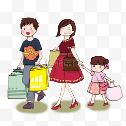一家人购物图片_卡通手绘一家人开心购物创意海报