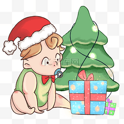 圣诞节小孩圣诞帽圣诞树手绘插画